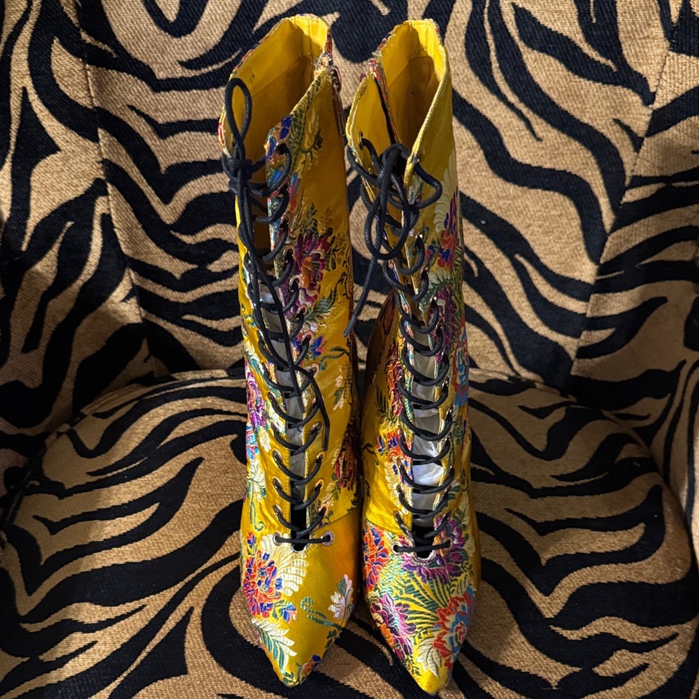 Anne Michelle Yellow Floral Lace-Up Boots